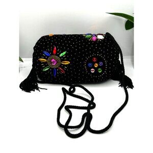 Magid Beaded Velvet Crossbody Bag With Colorful Rhinestones & Tassel